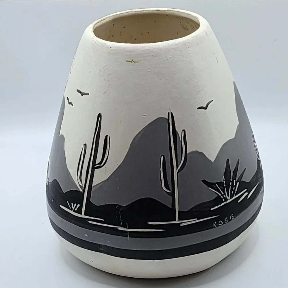 Signed Rose Hand Painted Native American Pottery Vase Southwestern Cactus Scene